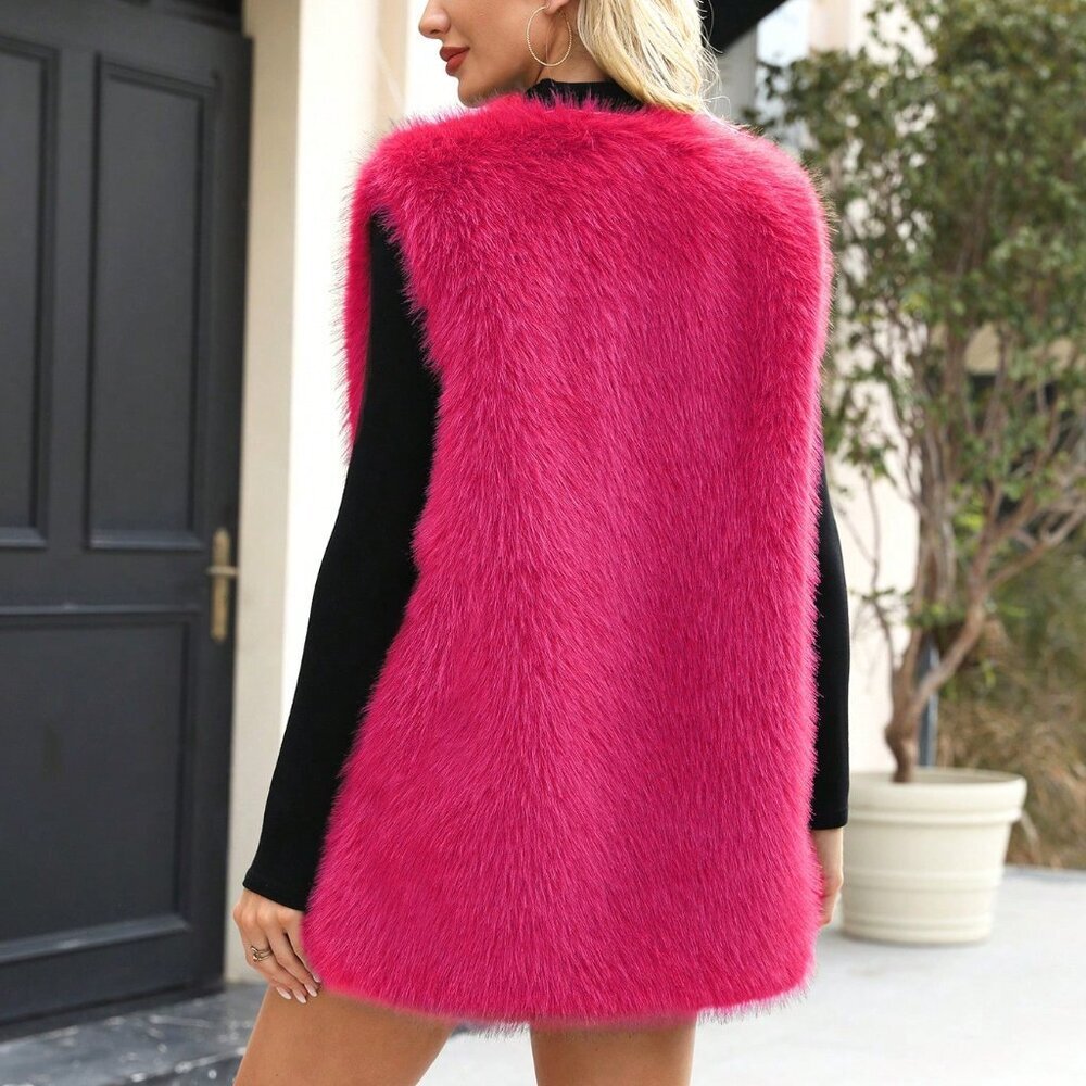 Hot Pink Casual Women's Sleeveless Faux Fur Coat with Contrast Trim Reg Length - Picture 2 of 5